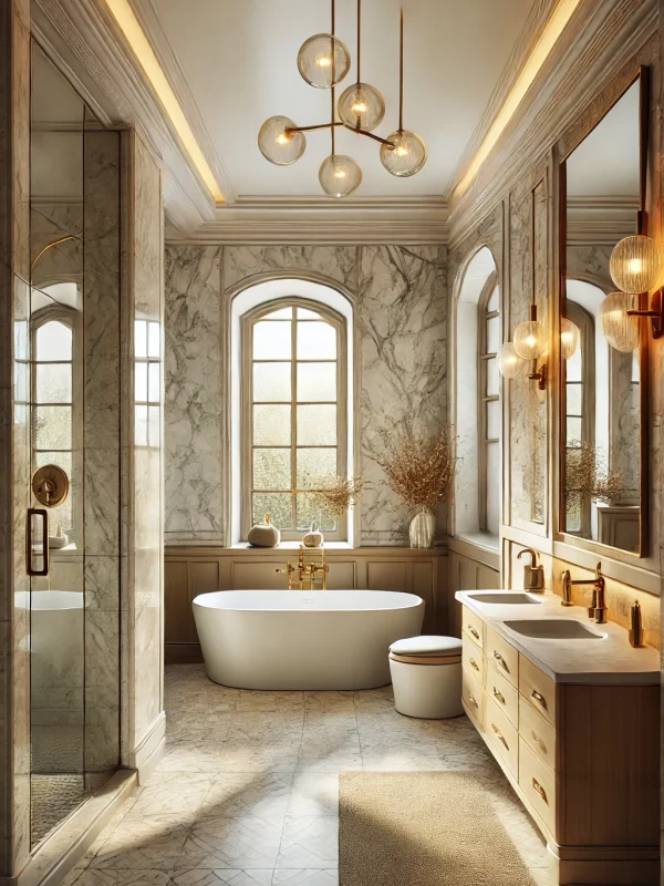 DALL·E 2025-04-24 11.53.27 - A luxurious, high-end custom bathroom remodel in Philadelphia. The bathroom features a tall vertical layout with a freestanding soaking tub, marble ti