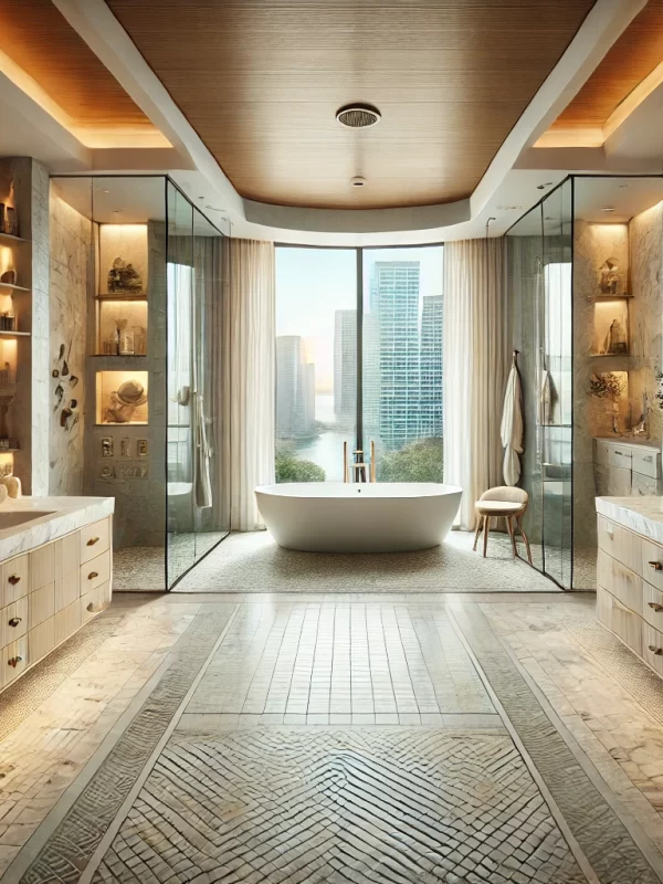 DALL·E 2025-04-24 11.55.15 - A luxurious horizontal layout of a custom bathroom remodel in Philadelphia. The space features a wide-angle view with a large freestanding soaking tub